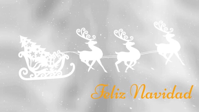 Animation of feliz navidad text banner and christmas tree in sleigh being pulled by reindeers