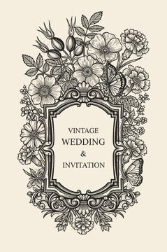 Vintage crest set. Classic Baroque Wedding crest and Monogram frames. Wedding frames with botanical leaf ornament. Hand drawn monogram for wedding invitations, cards, save the date. Luxury armorial.