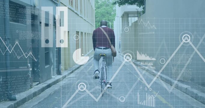 Animation of application icons over african american man riding bicycle in outdoor