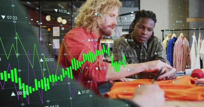 Animation of graphs with changing numbers over diverse designers discussing about clothes design