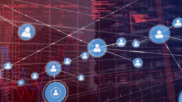 Animation of connected icons with changing numbers and computer language over modern buildings