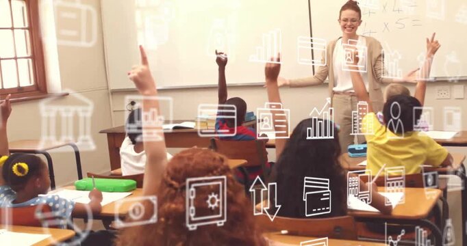 Animation of multiple icons over diverse students raising hands to answer question of teacher