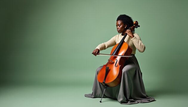 Black woman plays cello with bow on light green backdrop. She wears cream sweater and grey skirt. Focused musician creates classical melody with stringed instrument.