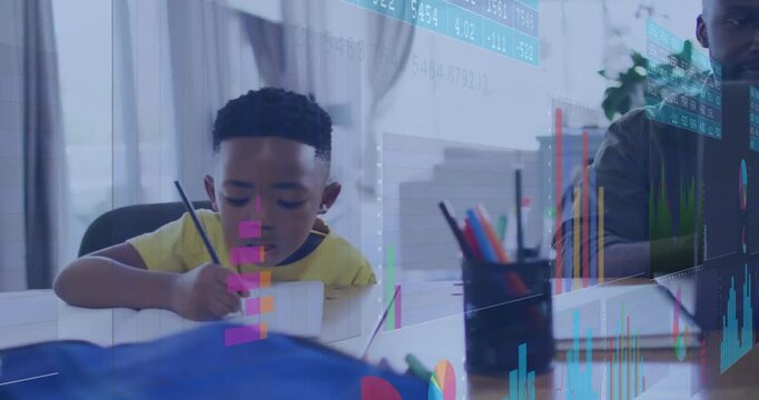 Animation of data processing over african american father and son doing homework