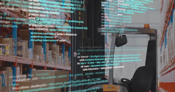 Animation of data processing over lift truck in warehouse