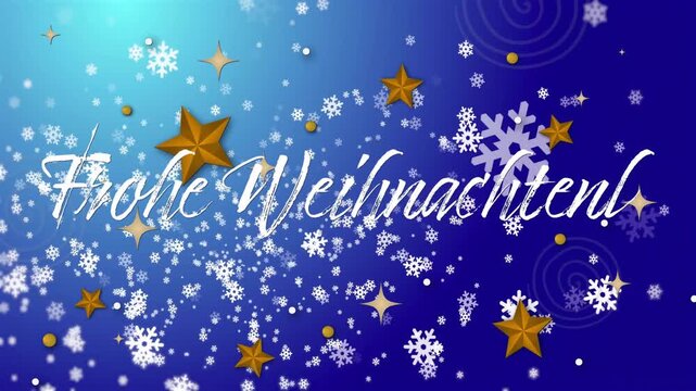 Animation of frohe weihnachten text over snow falling on blue background
