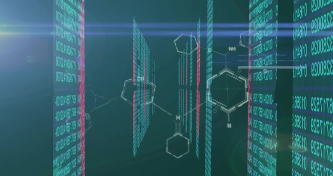 Molecular structures and binary code animation depicting scientific data analysis