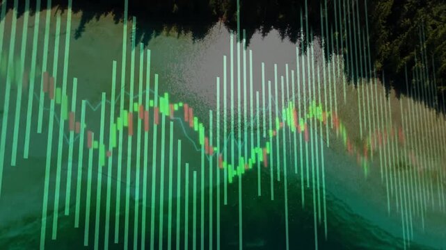 Financial data chart animation over aerial view of forest and river