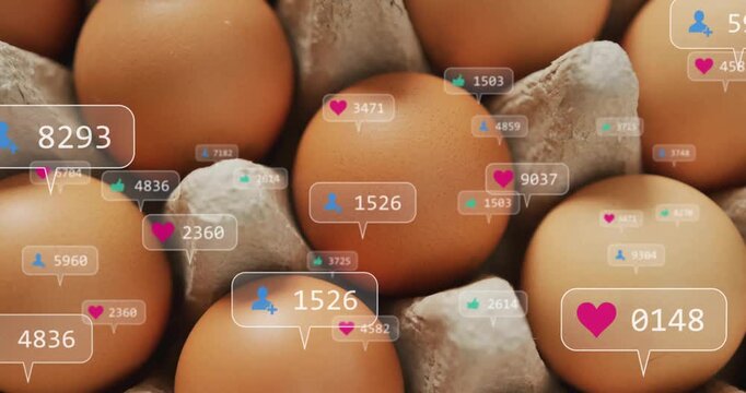 Brown eggs being overlaid with translucent social media notification bubbles in flat design render