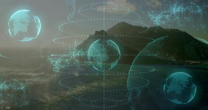 Dawn haze starting three 3D globes hovering over sea stacking rings linking data network nodes
