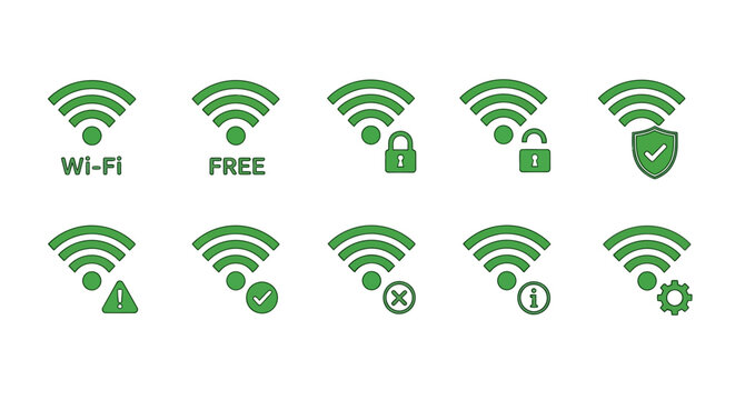 Green Wi-Fi icons illustrating network signal strength, connection status, security, and common internet issues for modern digital interfaces