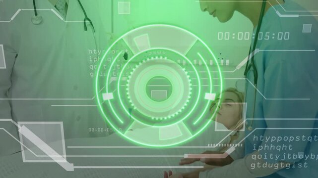 Nurse fitting hospital sensor band on patient and activating AR overlay as doctor observing data