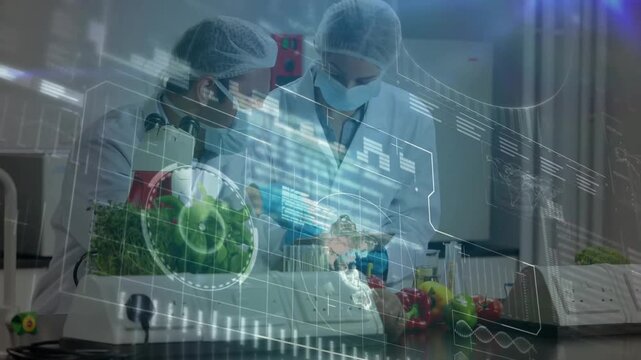 Two scientists scanning produce with sensor in food science and generating animated nutrient data