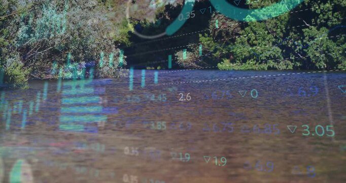 River surface anchoring frame, HUD appearing after sun glint, candlesticks rising, showing trends