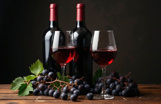 Two bottles of red wine stand behind glasses filled with red wine. Bunches of dark grapes and green vine leaves are on a wooden table. Dark background.