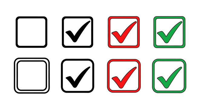 Comprehensive vector collection of modern checkbox icons, showcasing unselected and confirmed states with distinct black, red, and green check marks for various digital projects 
