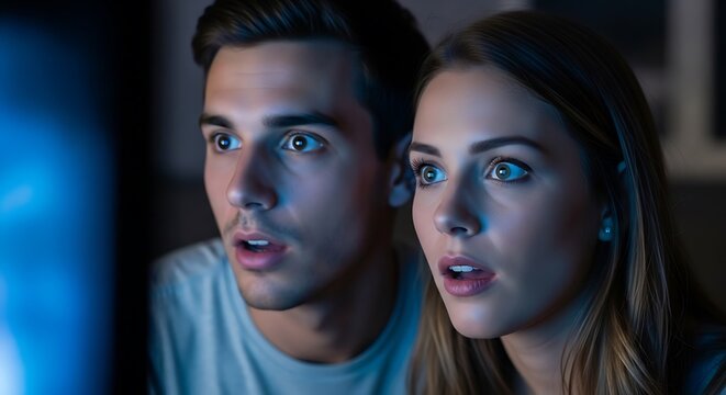 A shocked couple looking at a screen with surprised expressions