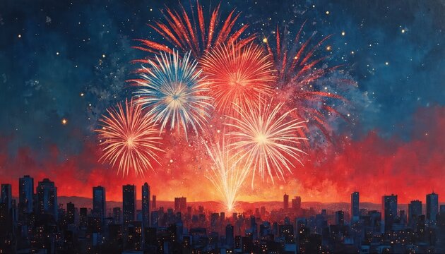 Oil painting of red white blue fireworks exploding over city skyline at night. Cityscape glows with pyrotechnic show in dark sky. Festive lights.