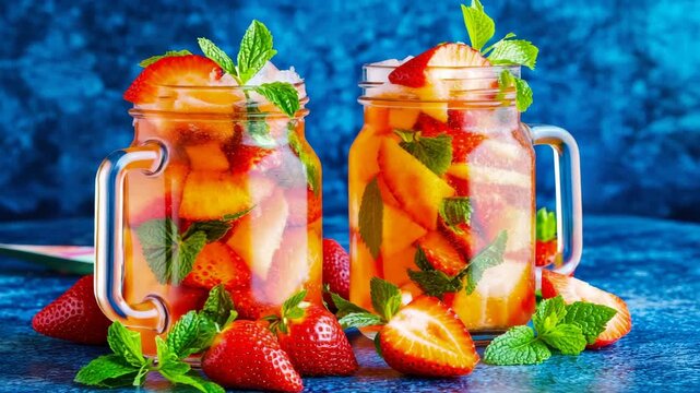 Refreshing strawberry and mint infused water served in mason jar mugs on vibrant blue surface, perfect healthy summer beverage.