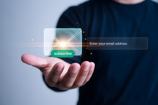 Email Subscription and Newsletter Marketing Concept with Person Holding Hand Out to Subscribe Button and Digital Mail Icon for Business Communication and Lead Generation