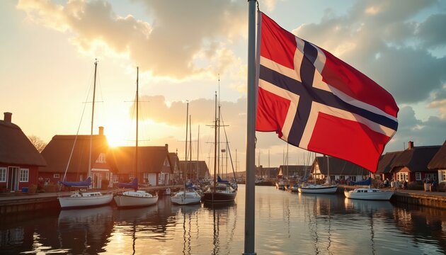 Norwegian flag waves over boats docked in a harbor village. Red houses with thatched roofs line the waterfront. Sun sets casting warm golden light on the calm water reflecting the sky.