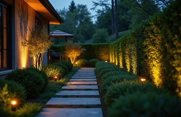 Obraz premium Modern garden pathway with stone stpic is lit by bright yellow outdoor LED lights. Lush green bushes and tall hedge form symmetrical rows along walkway. A luxury house wall is illuminated.