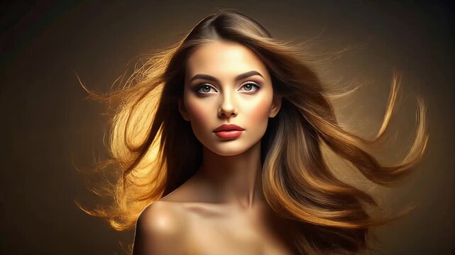 Dramatic portrait of woman with golden flowing hair illuminated by warm light creating glamorous beauty scene