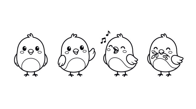 Cute bird outline icon set in kawaii cartoon line art style