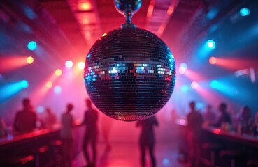 Obraz premium Disco ball hangs over dance floor at nightclub with neon lights and people dancing. Retro party atmosphere, vibrant music event for adults at bar.
