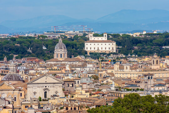 Rome cityscape Villa Medici on Pincian hill seen from Janiculum hill, Italy