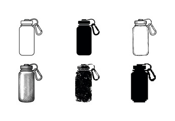 lightweight outdoor water bottle with carabiner, arranged as a clean Variant 1: clean thin outline, no