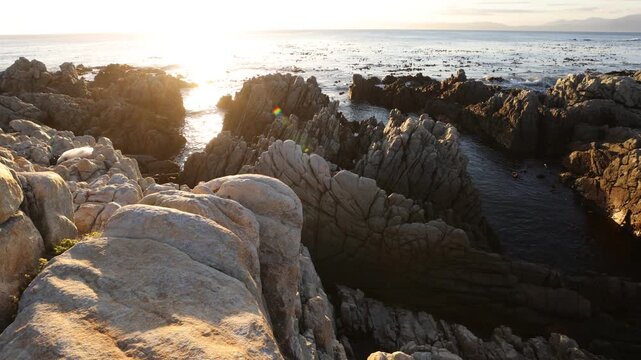 Rocky coastline of DeKelders overlooking the Atlantic Ocean, South Africa