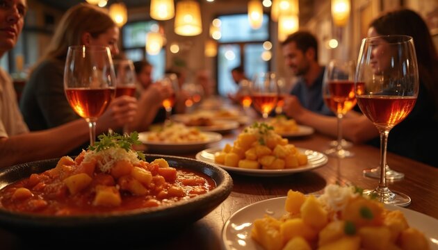People sit at wooden table in bar, enjoying tapas and wine. They talk and laugh, sharing food in lively, social Spanish setting. Warm lighting creates cheerful atmosphere for dining and drinks.