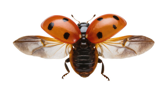Orange ladybug with black spots wings spread, isolated on transparent background