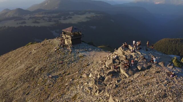 Aerial view mountain lookout with hikers, Oregon, Washington State