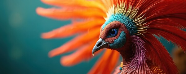 Fototapeta premium Detailed close-up of a bird with bright colorful plumage. Features vibrant orange red and blue feathers forming a crest. Looks like a tropical bird or ceremonial headdress.
