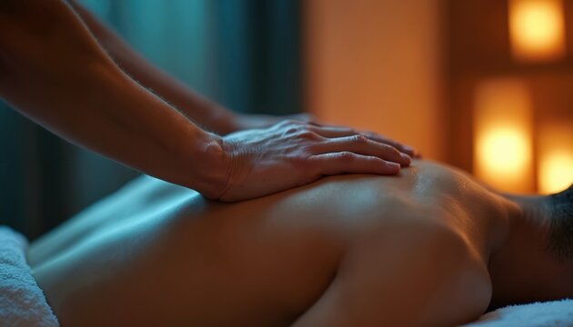 Man receiving professional back massage in dimly lit spa. Therapist hands work muscles, promoting relaxation and pain relief. Soft candle light creates serene atmosphere, aiding recovery.