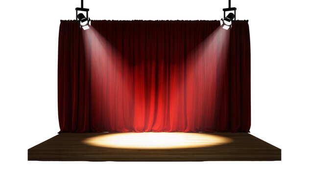 Red velvet stage curtains with spotlights illuminating wooden floor, isolated on transparent background