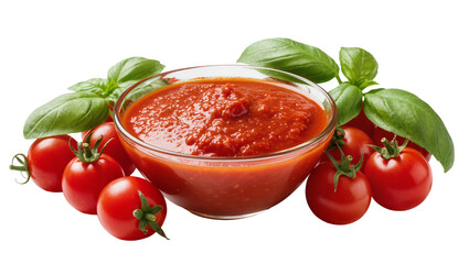 Fresh red tomatoes and basil leaves surrounding a glass bowl of tomato sauce, isolated on...