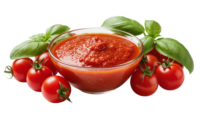 Fresh red tomatoes and basil leaves surrounding a glass bowl of tomato sauce, isolated on transparent background