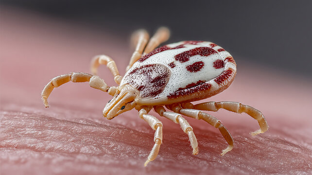Closeup of a white tick parasite resting on a human skin surface