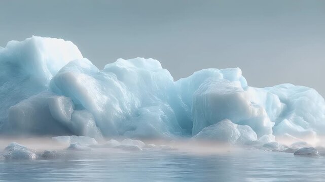 Winter season adventure exploration. A detailed digital artwork depicts a vast expanse of ice. The main subject is a large, jagged iceberg with intricate patterns and textures.