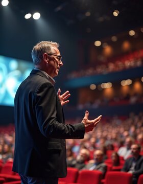 Man in suit speaks from stage to seated audience. Speaker gestures with hands at conference hall. People listen intently, learning at seminar event. Business presentation or lecture.