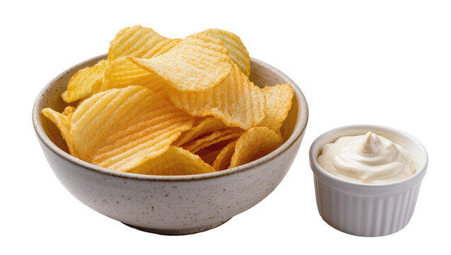 Ruffled potato chips in a speckled bowl with creamy dip, isolated on transparent background