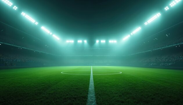 Empty soccer stadium at night with bright green field. Bright lights illuminate stadium stands and pitch. Nobody plays, stadium waits for match. Sport arena under spotlights.