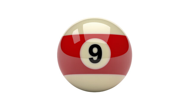 Nine ball with red stripe and white circle, isolated on transparent background