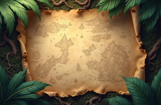 Old treasure map drawn on parchment paper with jungle leaves and vines border. Fantasy islands show mountains rivers and ships for adventure and exploration games.