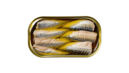 Naklejka na ściany i meble Opened tin can with preserved sardines in oil, isolated on transparent background
