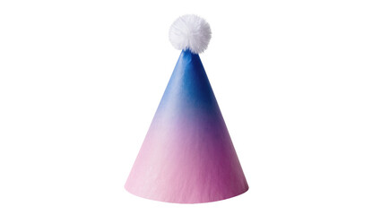 Blue and pink gradient party hat with white pom-pom, isolated on transparent background © Miguel