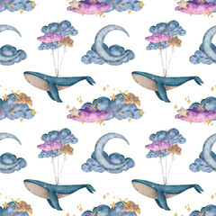 Watercolor seamless pattern blue whale flying through dreamy clouds and moons tied strings like balloons. Illustration for nursery baby shower invitations kids textiles wallpapers wrapping paper. © Mea_ta 